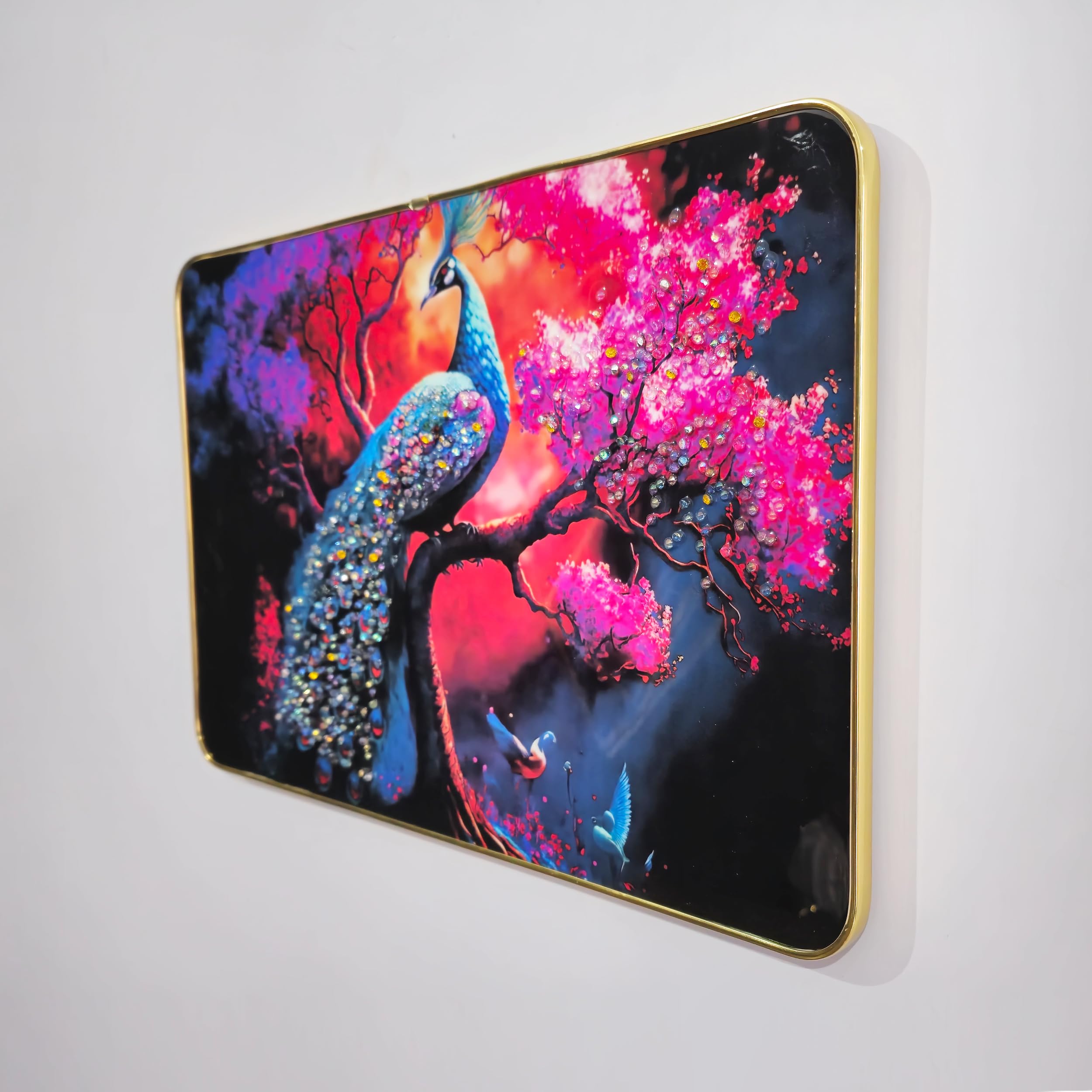 Masstone Decorative Peacock Wall Painting with Crystal Embedded High Gloss Surface Gold Slim Frame Embossed Wall Hanging Photos